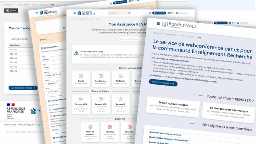 Montage de captures d'écran d'interfaces RENATER montrant un tableau de bord d'assistance, des cartes de services (VPN, IP, visioconférence) et une page de présentation du service Rendez‑Vous.