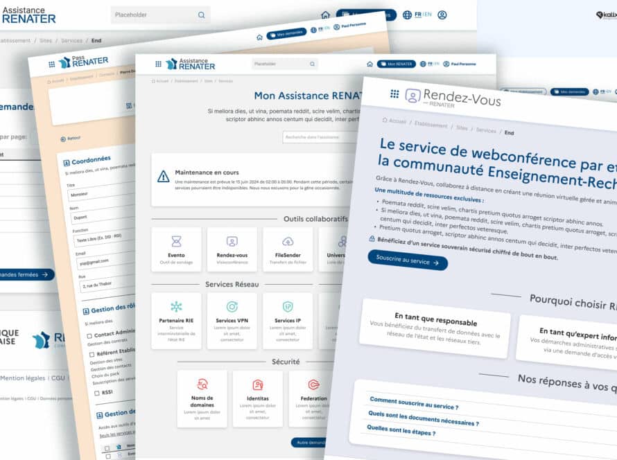 Montage de captures d'écran d'interfaces RENATER montrant un tableau de bord d'assistance, des cartes de services (VPN, IP, visioconférence) et une page de présentation du service Rendez‑Vous.